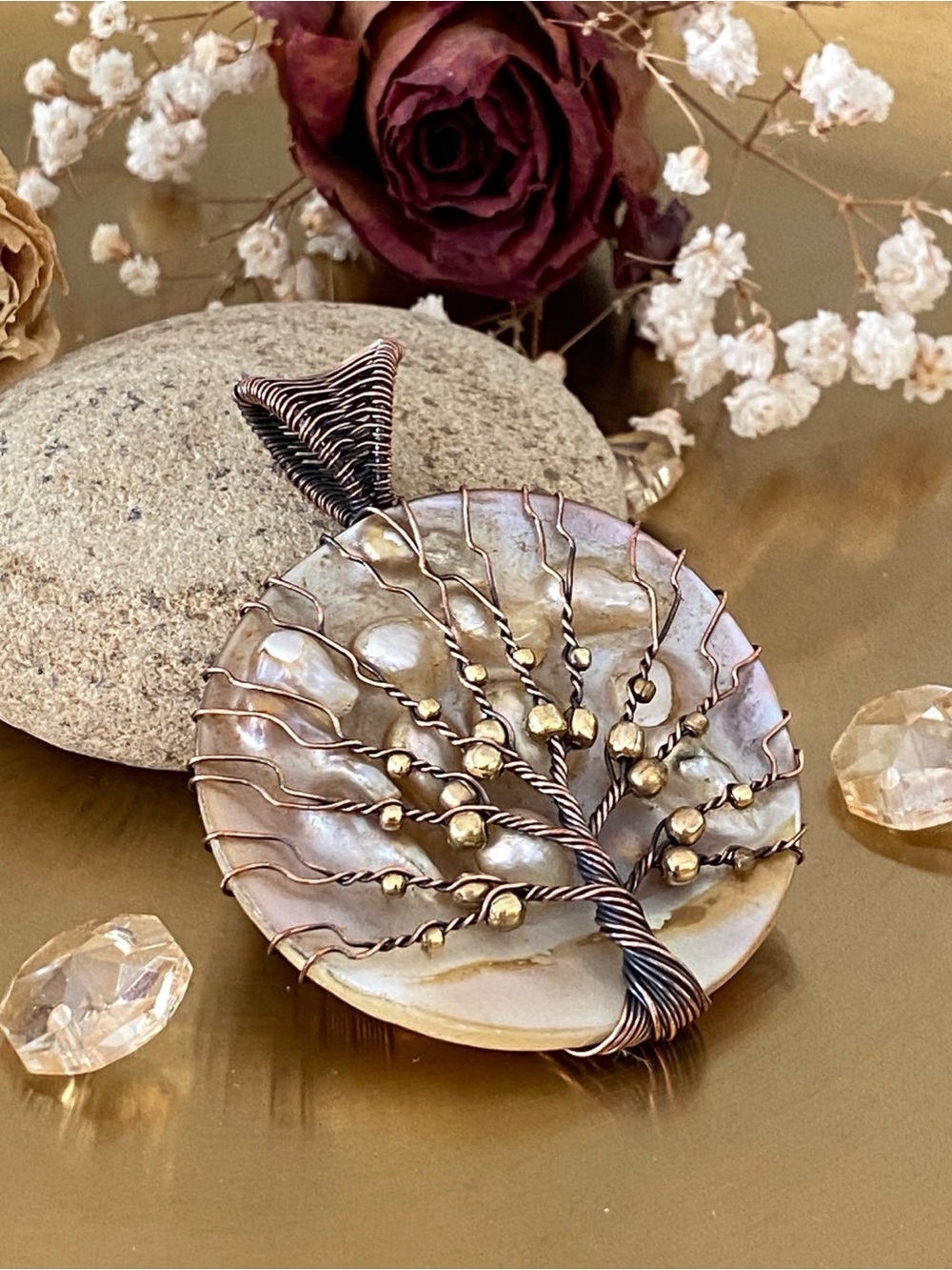 Large Biwa Pearl Wire Wrapped Tree Of Life Pendant - Picture 6 of 10
